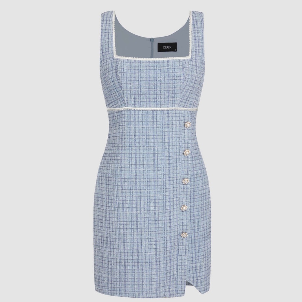 NWT CIDER Blue Tweed with Faux Pearl and Rhinestones Mini Dress Size Small